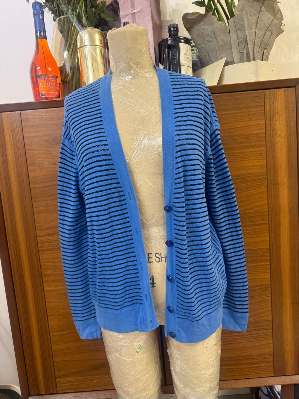 Blue and Black Striped Cardigan Sweater